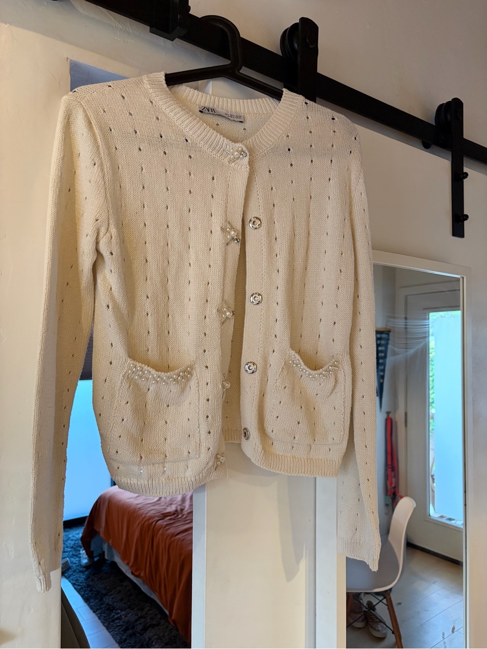 Zara Classic Cream Knit Cardigan Sweater - Pearl Button Detail
